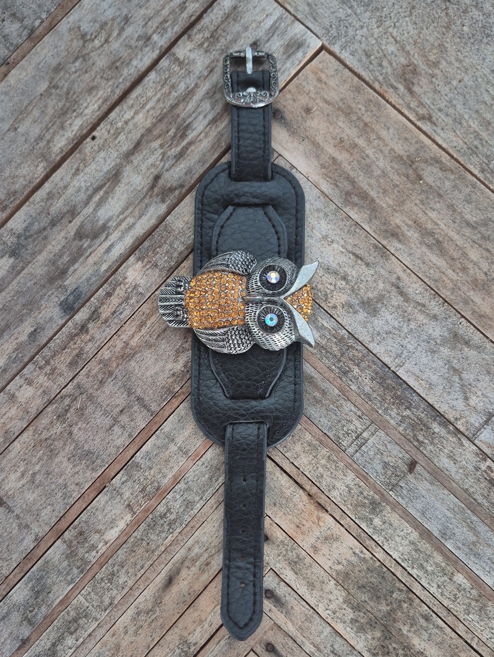 Handcrafted Black Leather Bracelet with Gold Owl Accent